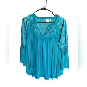Rafaella Weekend Crushed Velvet TEAL Boho Top Bell Sleeves Ladies Medium Flare